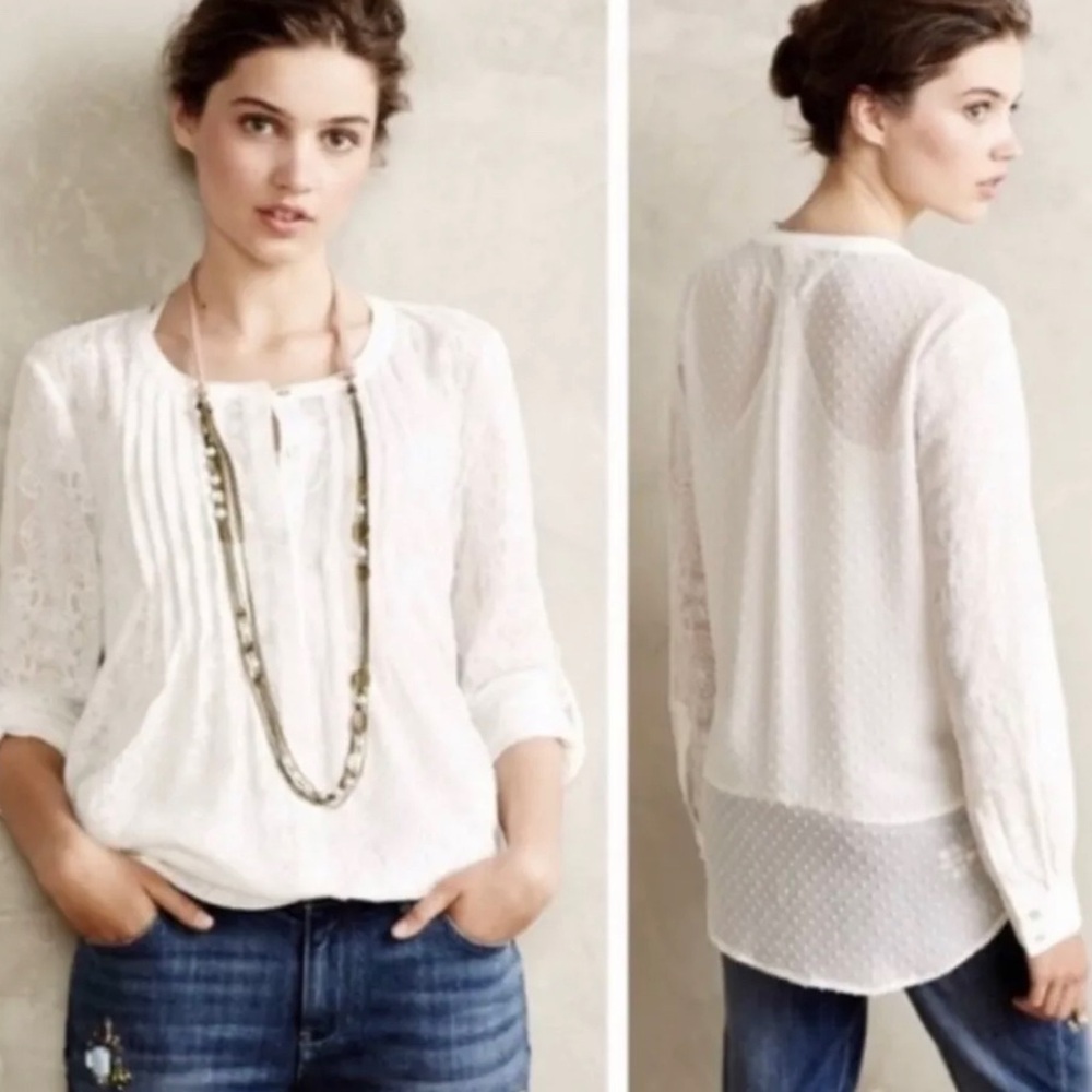 Anthropologie Meadow Rue Blouse White Button Down Lace Embroider Blouse Size Med - Picture 1 of 10